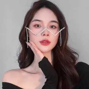 Close-up of a trendy W-shaped rhinestone tassel glasses frame on an Asian model