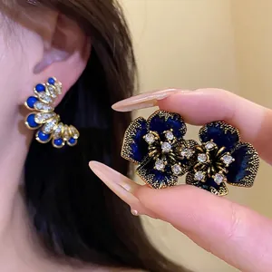 Vintage Court Style Flower Rhinestone Stud Earrings Alloy Enamel Blue Gold Earrings For Women Jewelry