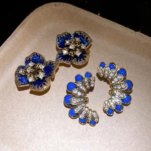 Vintage palace style blue enamel flower stud earrings and elegant crescent ear cuffs