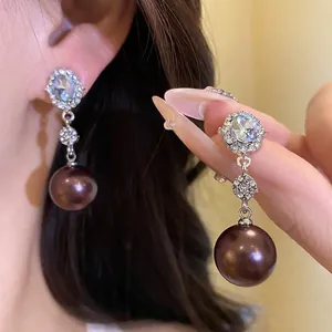 Vintage Oval Rhinestone Dangle Earrings With Silver Earring Post Elegant Artificial Pearl Drop Earrings For Women Fashion Jewelry Accessory