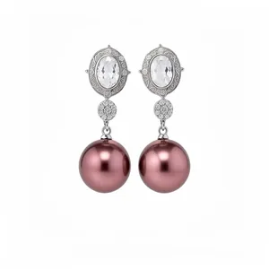 Elegant silver needle dangle earrings with oval crystals and mauve pearl drops jewelry