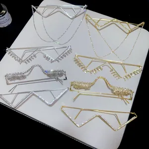 Detailed view of lensless rhinestone tassel W-shape glasses frames