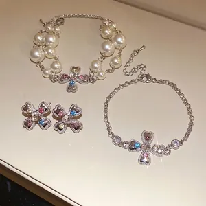 Vintage silver cross charm bracelet and earring set with colorful rhinestones for women