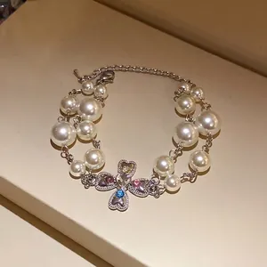 Elegant vintage double-layer pearl bracelet with rhinestone heart cross flower pendant