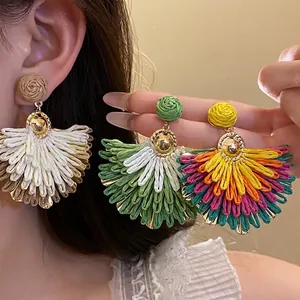 Orecchini a Pendente a Forma di Ventaglio in Rafia Intrecciata a Mano Con Perno in Acciaio Stile Bohémien Vacanza Gioielli Eleganti Vintage Donna