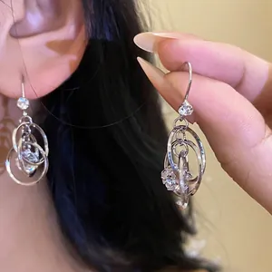 Orecchini Pendenti Unici con Zirconia Rotonda Concentrica Multistrato Ganci per Orecchie a Cerchio Geometrici in Rame Gioielli di Lusso per Donna