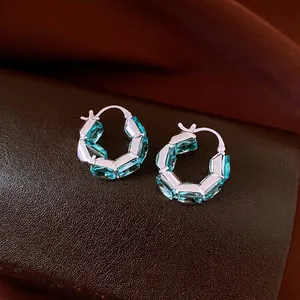 Premium vintage silver hoop earrings with blue square cubic zircon crystals inlay