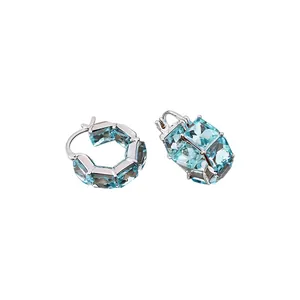 Vintage silver hoop earrings featuring light blue square-cut cubic zirconia stones