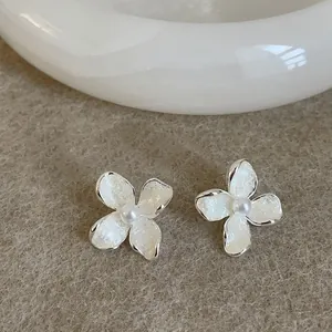 French Style Floral Artificial Pearl Stud Earrings With 925 Sterling Silver Earring Post Enamel Drip Oil Jewelry For Women