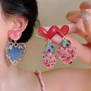 Western Style Heart Pendant Stud Earrings Fresh Sweet Resin Dried Flower Jewelry With 925 Sterling Silver Earring Post For Women