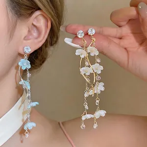Korean Style Resin Flower Long Tassel Earrings for Women Sweet Zirconia Drop Earrings With 925 Sterling Silver Earring Post