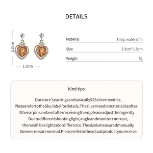 Detailed view of elegant heart-shaped earrings with alloy and water drill specifications