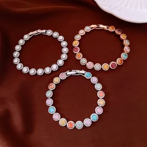 Luxury Copper Round Zirconia Bracelet Gold Plated Sparkling Multicolor Stone Wristband Niche Design Jewelry For Women