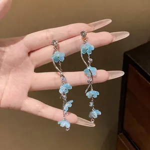 Sweet blue resin flower and zircon long tassel earrings with premium silver needles