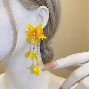 Yellow fabric flower tassel earrings with elegant pearls for a sweet and fresh feminine style