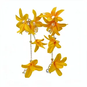 Elegant yellow fabric flower tassel earrings with white pearls and crystal drop charms