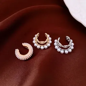 French Zirconia Artificial Pearl Double Layer Ear Cuffs Elegant Luxury Interlocking Link Non Pierced Earrings For Women Jewelry