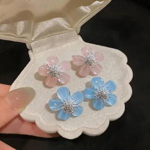 Korean Sweet Resin Flower Stud Earrings With Zirconia 925 Sterling Silver Post Elegant Floral Jewelry For Women Daily Gift