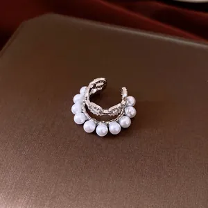 Elegant French double-layer pearl ear cuff with zircons for non-pierced ears