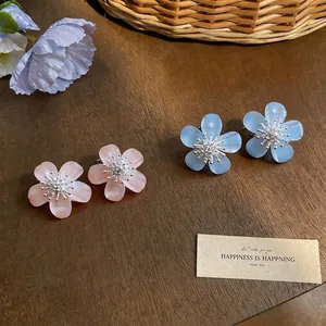 Elegant Korean style pink and blue resin flower stud earrings with zircon centers