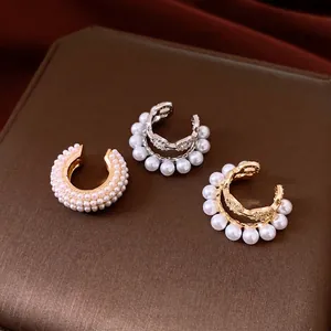 Elegant French style double-layered pearl and zircon ear cuffs for non-pierced ears