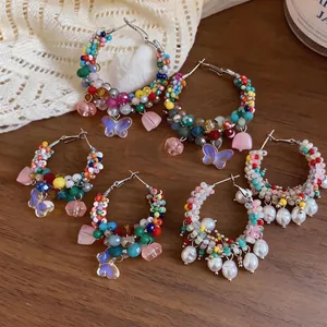 Colorful Glass Beaded Geometric Round Hoop Earrings With Silver Earring Post Artificial Pearl Earrings Summer Jewelry For Women