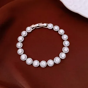 Detailed view of elegant silver-plated bracelet featuring round cubic zirconia stones