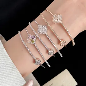 18K Gold Plated Zirconia Flower Double Layer Bangle For Women Luxurious Clover Design Copper Fashion Bracelet Jewelry Gift
