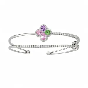 18k gold plated double layer flower bangle with colorful teardrop zircon stones