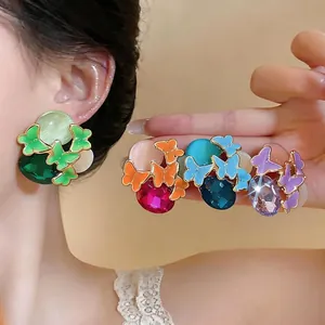 Forest Style Sweet Butterfly Stud Earrings Alloy Rhinestone Enamel Oval Gemstone Earrings For Women Luxury Jewelry Gift