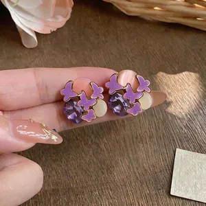 Sweet Mori style purple enamel butterfly earrings with cat-eye stones and crystals