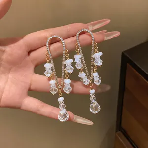 Detalle de pendientes con borla de diamantes de imitación y gotas de cristal claro