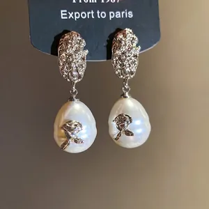 Elegant vintage French style silver flower pearl drop earrings for women jewelry