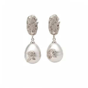 French vintage silver flower drop earrings with white teardrop pearls and bird accents.