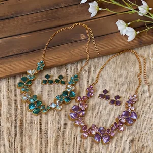 French style floral jewelry set featuring painted metal flower necklace and earrings