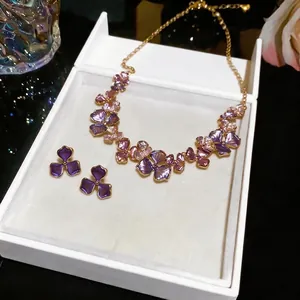 Elegant French style metal painted purple flower necklace and earring jewelry set for women
