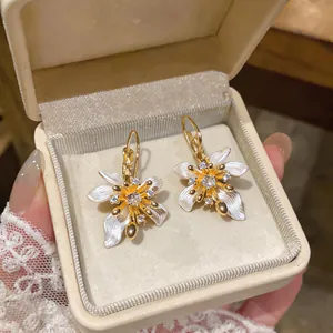 Elegant French vintage style flower earrings with zircon and white enamel detail