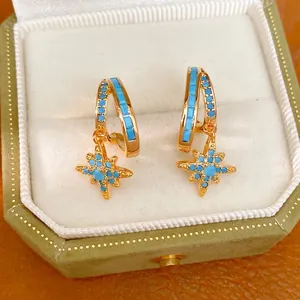 Gold Plated Double Layered North Star Drop Earrings For Women Blue Zirconia Inlaid 925 Sterling Silver Post Fashion Jewelry