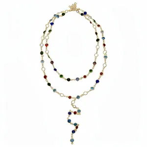 Vintage palace style double-layer necklace with colorful glass beads on a gold chain.