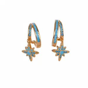 Delicate gold double hoop earrings with turquoise zircon star pendants for women