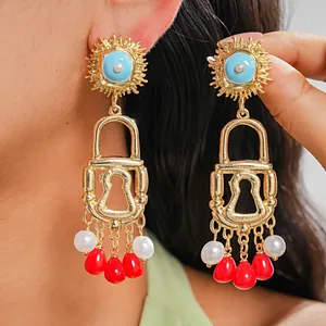 Vintage Alloy Lock Pearl Tassel Drop Earrings For Women Retro Statement Gold Enamel Sunburst Bohemian Jewelry Gift