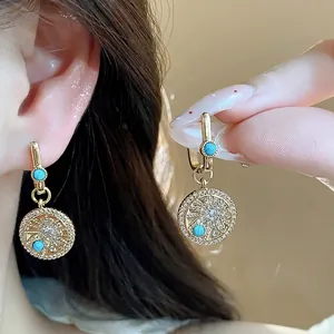 Boucles d'Oreilles Créoles Vintage en Cuivre Plaqué Or 18K avec Zircone pour Femmes avec Tige en Argent Sterling 925 Bijoux Motif Soleil