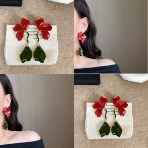 Vacation Style Oversized Long Red Enamel Flower Drop Earrings For Women Painted Green Leaf Polka Dot Earrings Jewelry