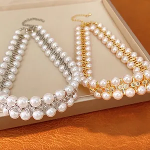 Französisch Elegante 18K Gold Beschichtete Doppelschicht Künstliche Perle Zirkonia Halskette Für Damen Geometrischer Choker