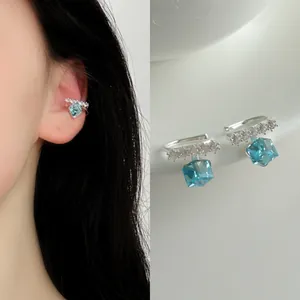Blue Sugar Cube Ear Bone Clip Non Piercing Silver Plated Copper Zirconia Clip On Earrings For Women Minimalist Jewelry