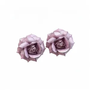 Mauve resin rose flower stud earrings with silver needles for vintage floral style.