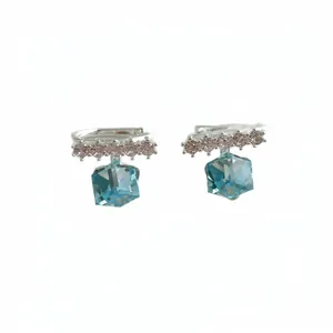 Korean style light blue cube ear bone clip with silver finish and sparkling stones