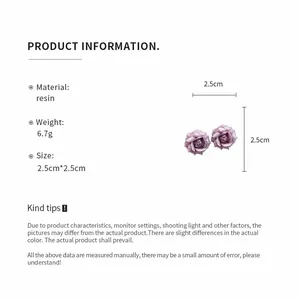 Detailed view of lavender resin flower stud earrings with size and material info.