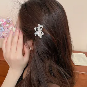 Vista dettagliata dell'elegante fermaglio argento con fiori e farfalle in zirconi