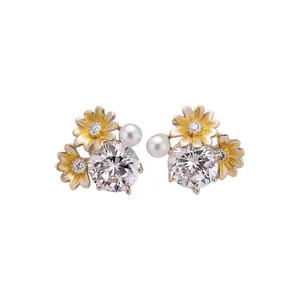 Elegant flower stud earrings with brilliant zircon and white pearls for a sweet look